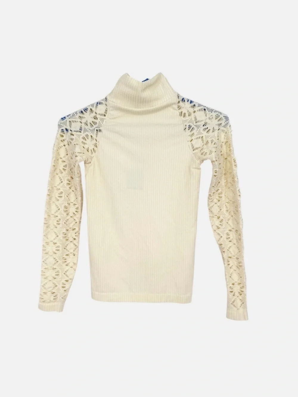 Free People Women's Cream Lace-Sleeve Ribbed Mock Neck Top open cutout in back